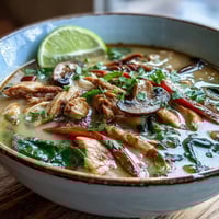 Steaming Thai Coconut Curry Soup Bowl with tender chicken, earthy mushrooms, and sweet carrots in a creamy red curry broth.