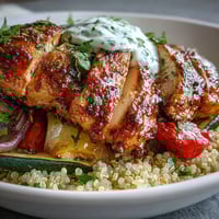 Golden-brown paprika herb chicken slices rest atop fluffy quinoa and roasted vegetables, garnished with fresh parsley and lemon wedges.