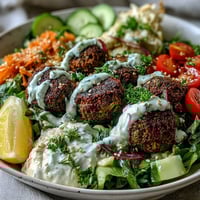 Freshly fried falafel balls sit atop a vibrant Falafel Bowl with creamy hummus, crisp greens, and drizzled tahini sauce.