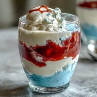 Festive Red, White, and Blue Layered Jello Cups with vibrant stripes, perfect for patriotic celebrations or summer parties.  