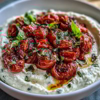 Creamy whipped feta dip topped with sweet roasted cherry tomatoes, garnished with fresh basil.  