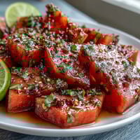 Watermelon slices with Tajin and lime, a vibrant summer snack, bursting with juicy sweetness and zesty spice.  