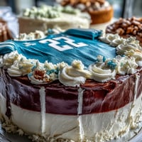 Festive sports jersey cake decorated with bold team colors, jersey numbers, and graduation year for a memorable celebration centerpiece.