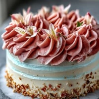 Elegant pastel ombre cake with soft layers in pink, yellow, and blue, topped with fresh edible flowers.