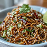 Cold soba noodle salad, vibrant and crisp, with zesty sesame ginger dressing.