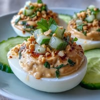 Creamy Thai peanut deviled eggs with fresh cucumber relish, a flavorful appetizer.