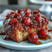 Moist cherry almond upside-down cake with glistening caramelized topping and fruit.