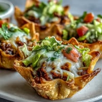 Golden, crispy mini taco cups overflowing with savory seasoned beef and melted cheese.